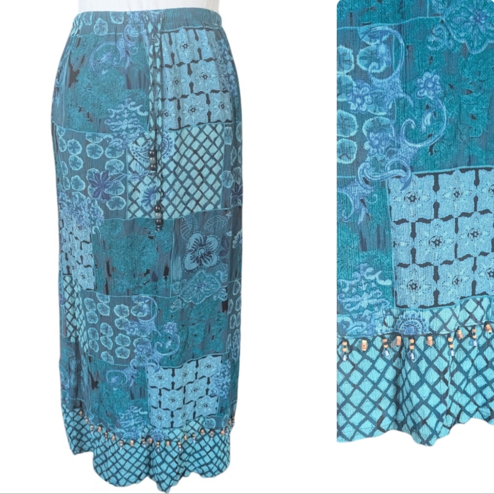 Vintage Notations Skirt Small Rayon Green Blue Boho Long Drawstring Beaded